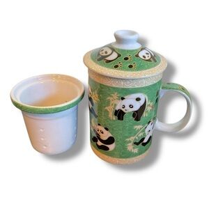 Vintage Panda Bear Mug Tea Strainer Lid Green Yellow Ceramic Cup Set Asian China